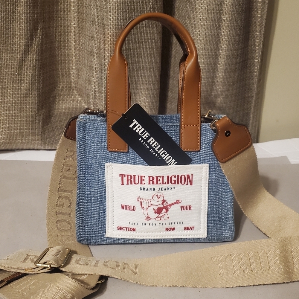 TRUE RELIGION BLUE DENIM MINI TOTE. WITH WIDE STRAPES CROSSBODY.